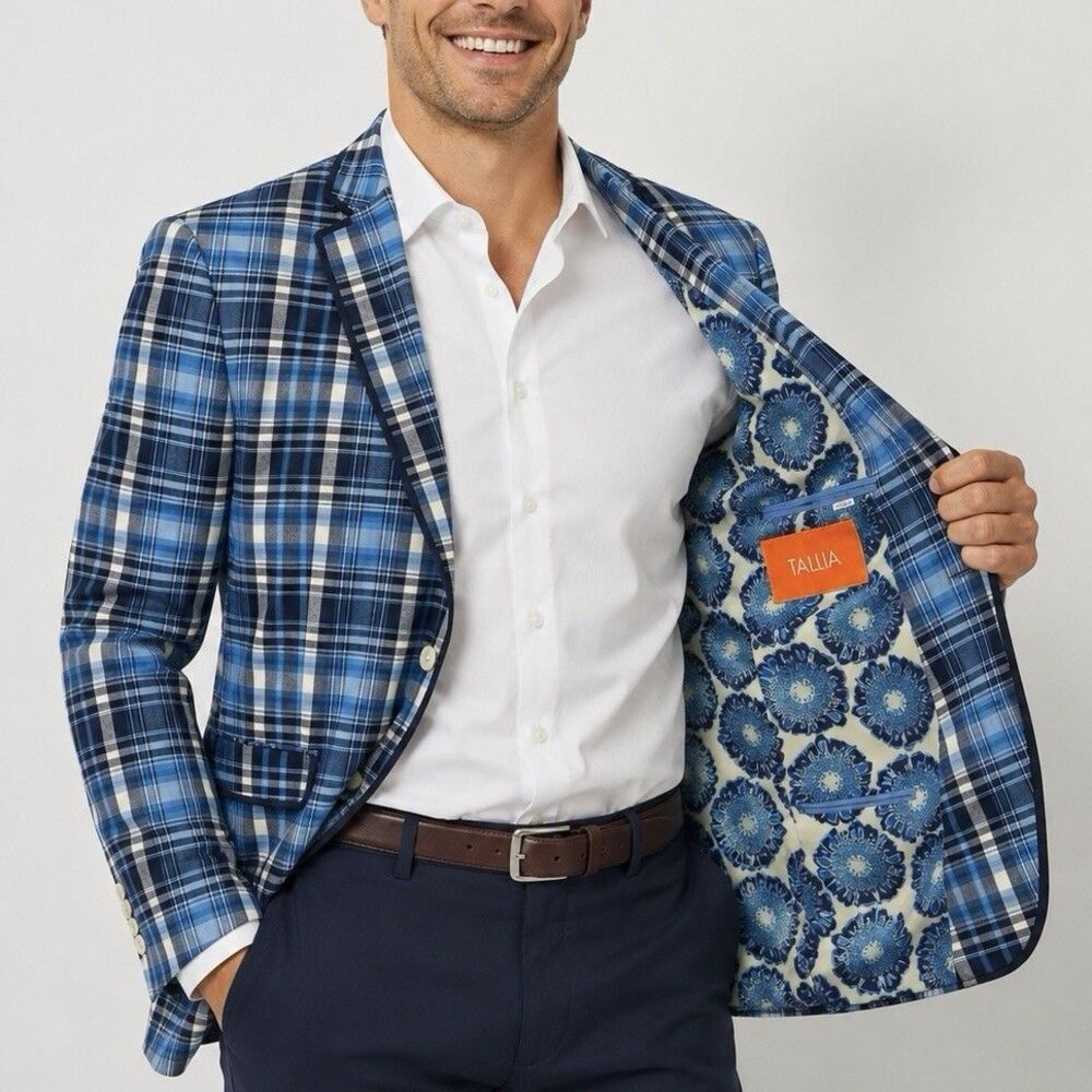 Tallia 44R Blue Plaid Sport Coat Blazer Floral Lining Cotton Two Button